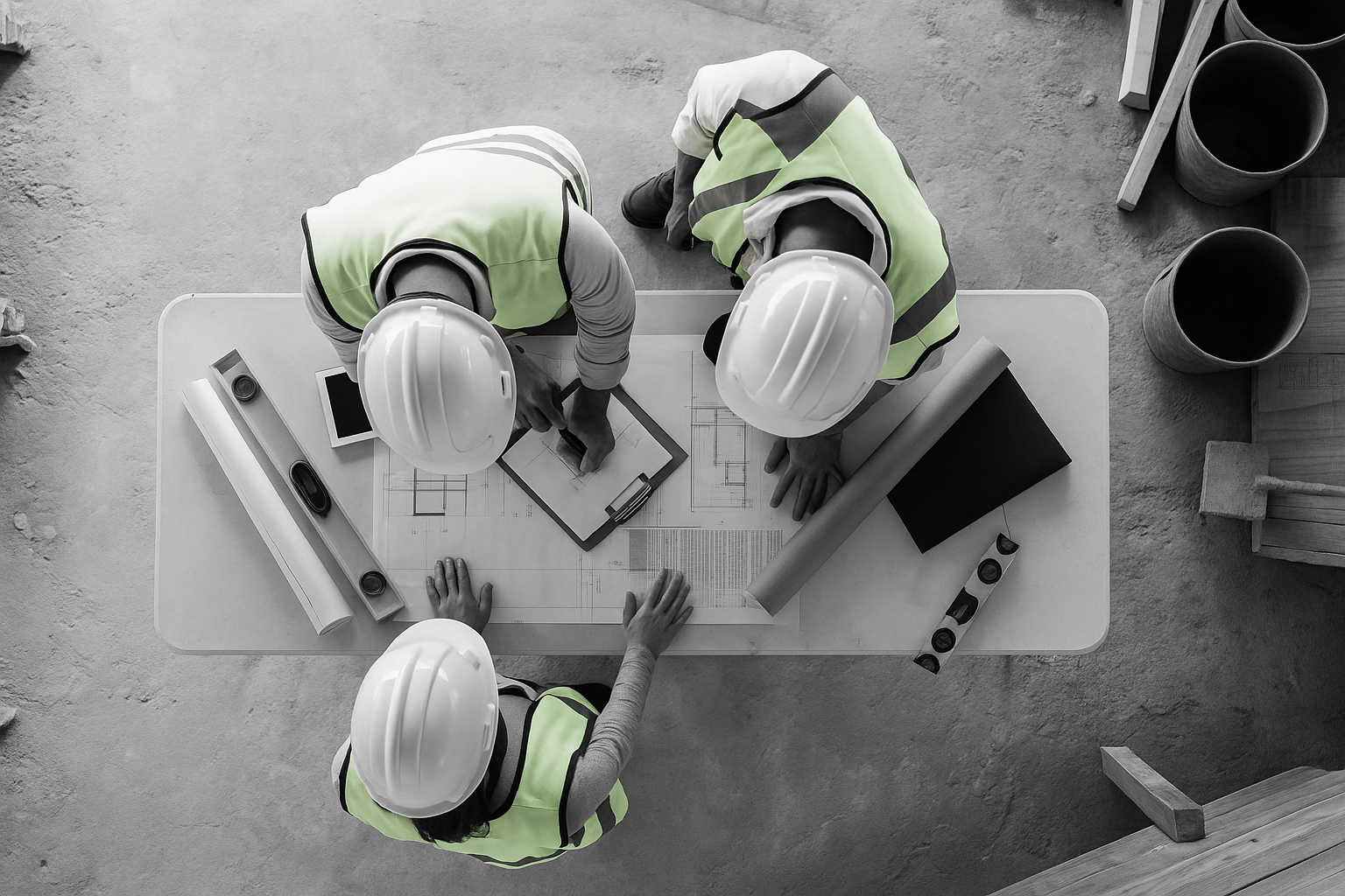 Tre professionisti dell'edilizia al lavoro su piani di progettazione in un ambiente di cantiere.